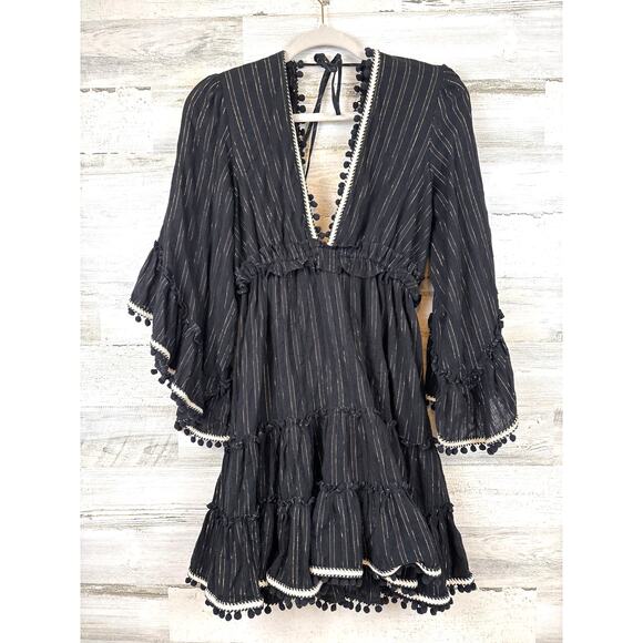 Misa Los Angeles Womens S Black Gold V Neck Flutter Sleeve Boho Mini Dress NEW - Picture 3 of 10